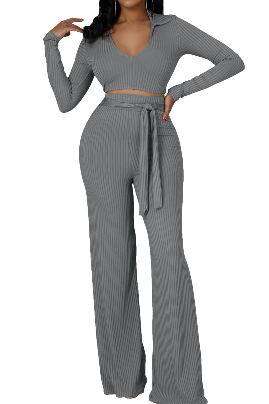 Open Collar Long Sleeve Crop Top with Tie Waist Flare Leg Pants Set - Y2K Aesthetic Outfit