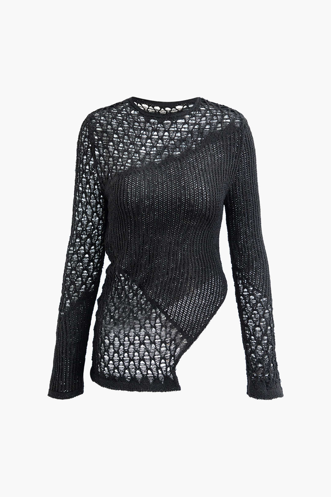 Open Knit Asymmetric Hem Long Sleeve Top - Y2K Aesthetic Cute Layering Essential