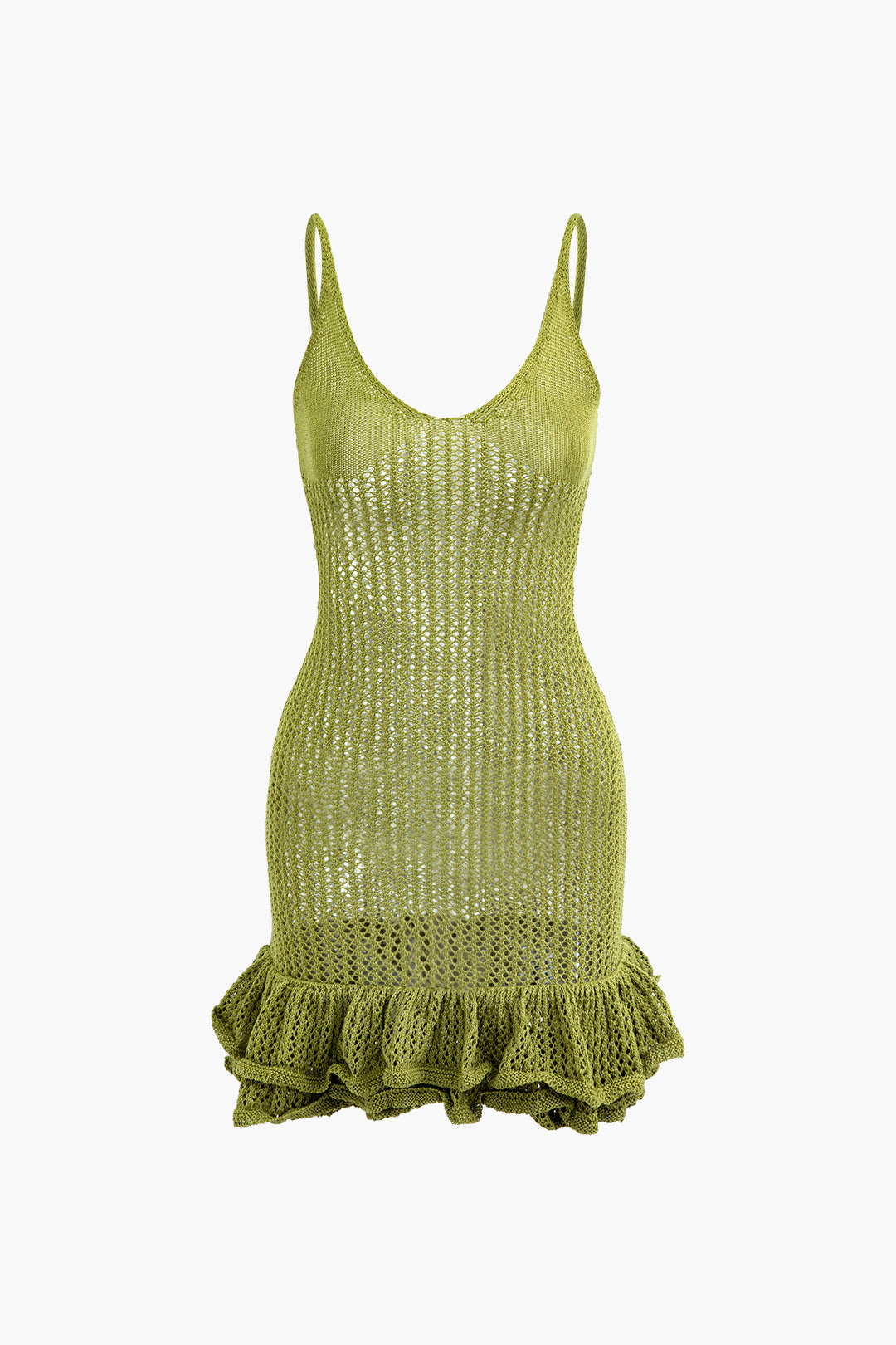 Open Knit Ruffle Hem Cami Mini Dress - Y2K Aesthetic Cute Dress for Coquette Style