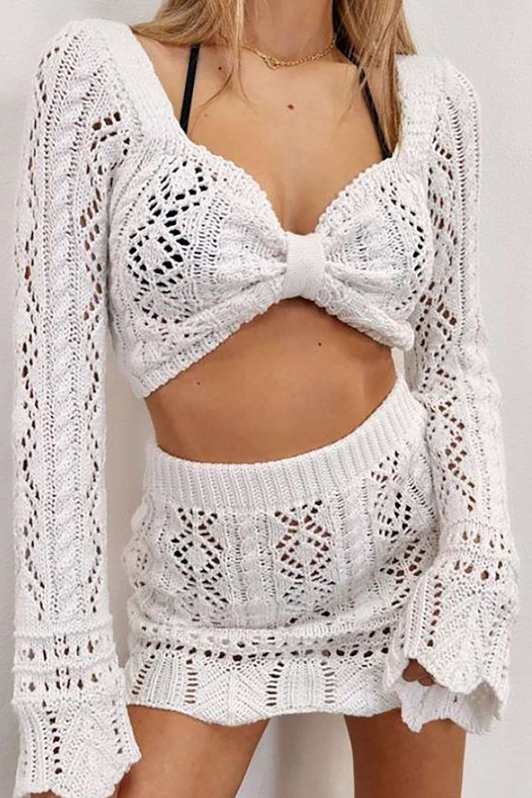 Open Knit Tie Back Crop Top and Mini Skirt Set - Y2K Aesthetic Coquette Outfit