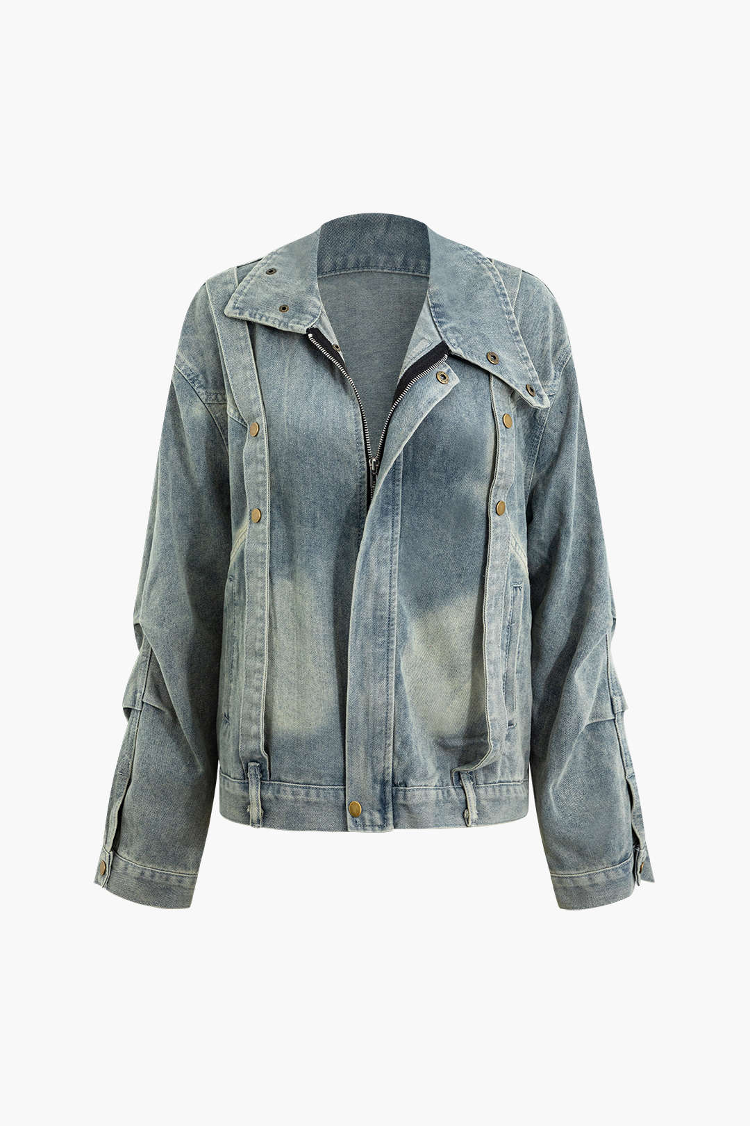 Oversized Distressed Asymmetrical Collar Denim Jacket for Y2K Grunge Aesthetic Outfits