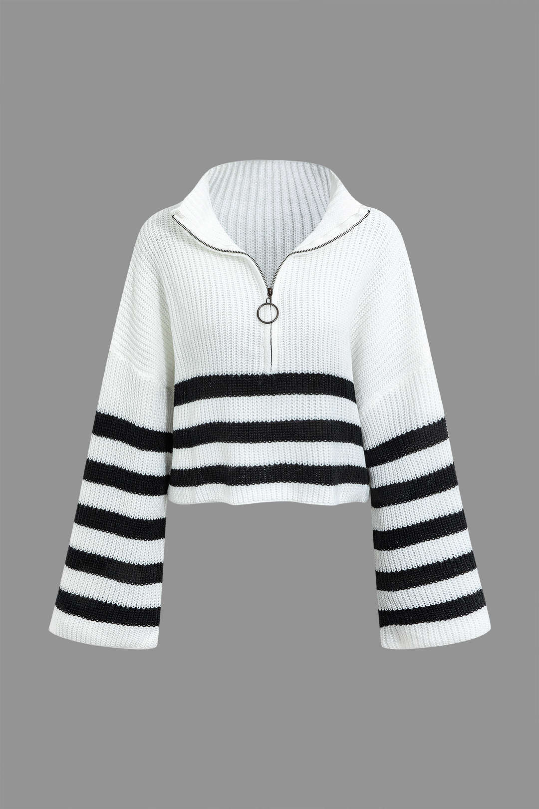 Oversized Stripe Zipper Stand-Up Collar Sweater in Y2K Aesthetic Style