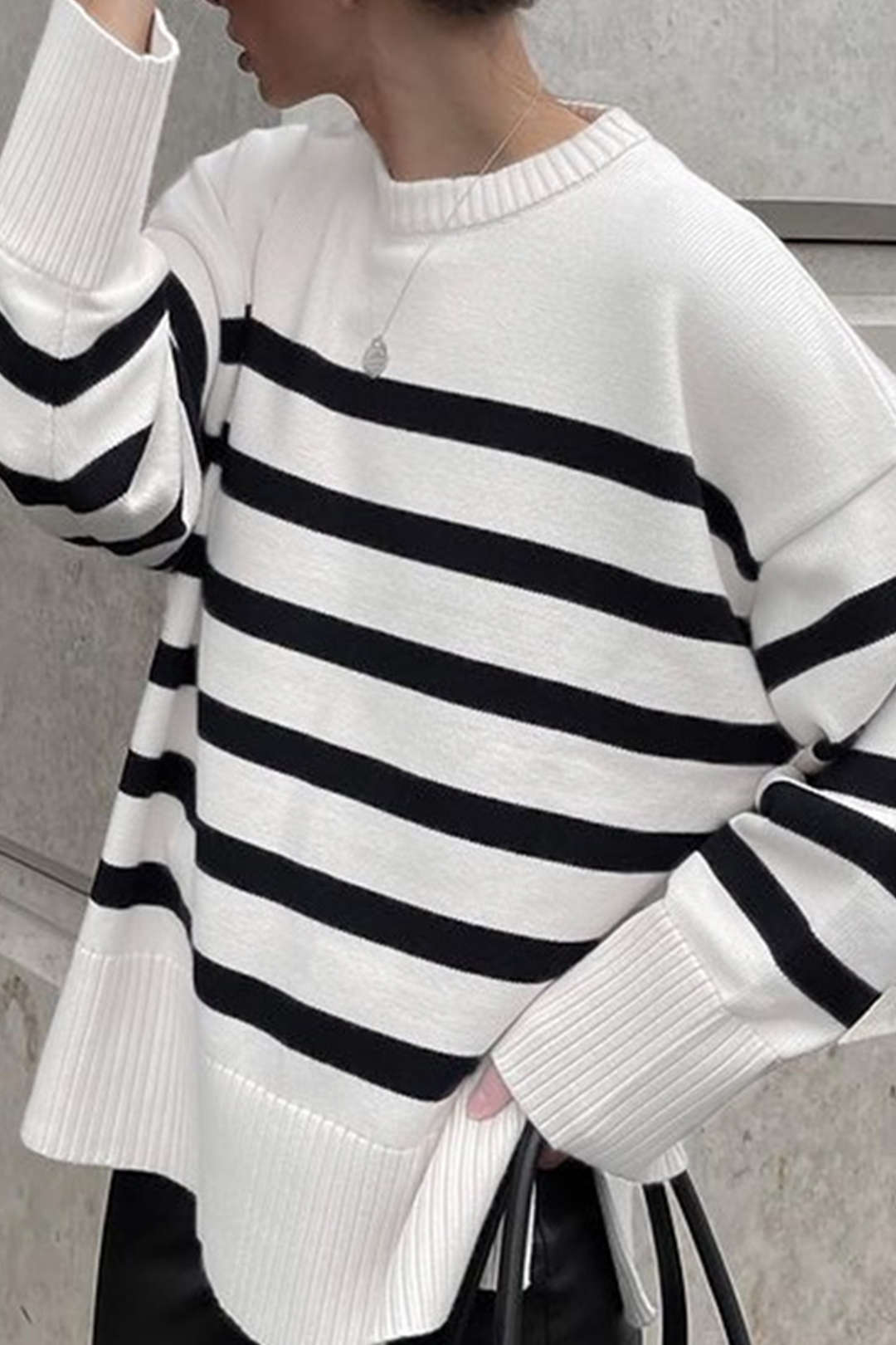 Oversized Y2K Contrast Stripe Long Sleeve Knit Sweater for Cozy Aesthetic Outfits