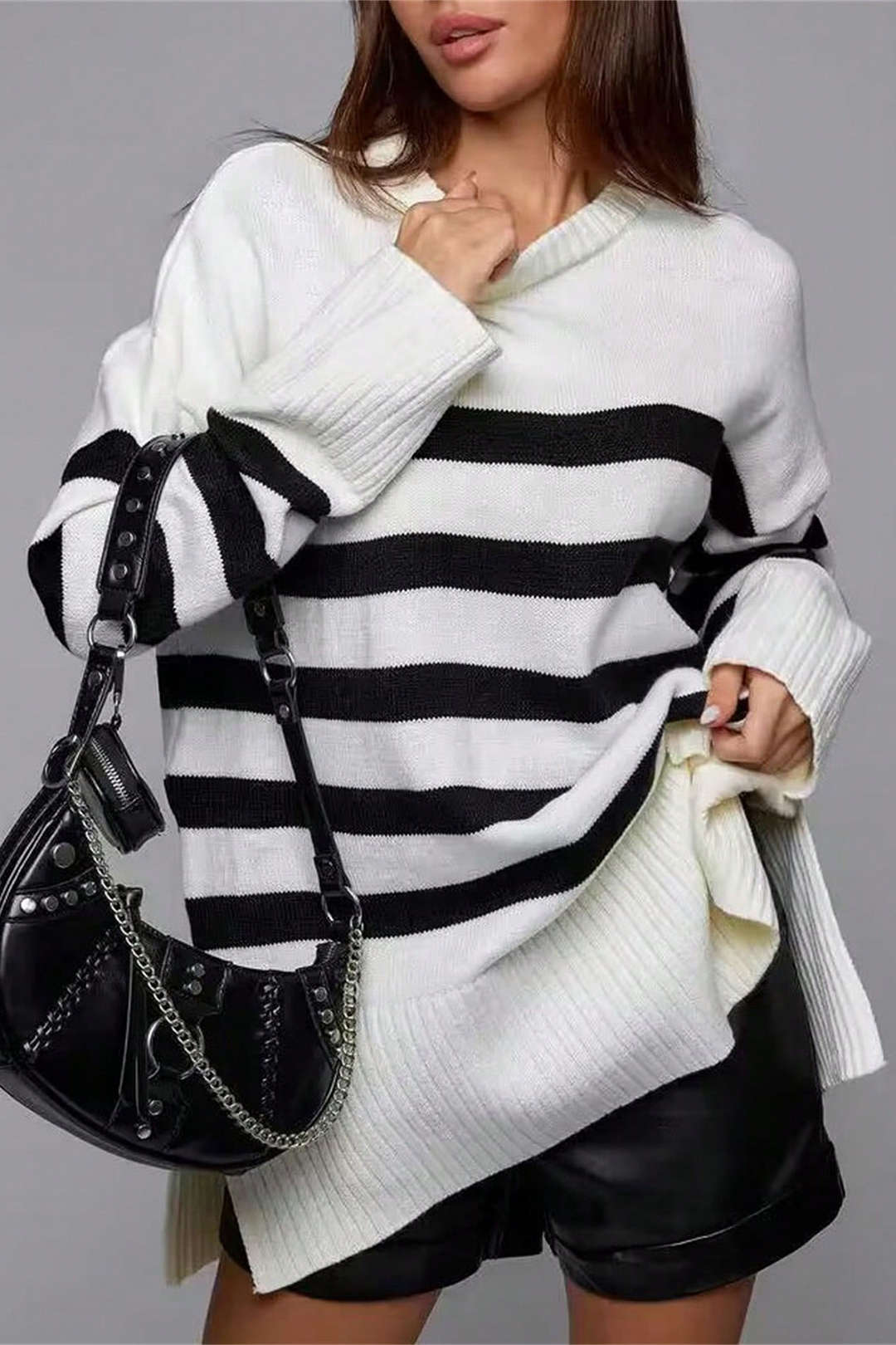 Oversized Y2K Contrast Stripe Long Sleeve Knit Sweater for Cozy Aesthetic Outfits