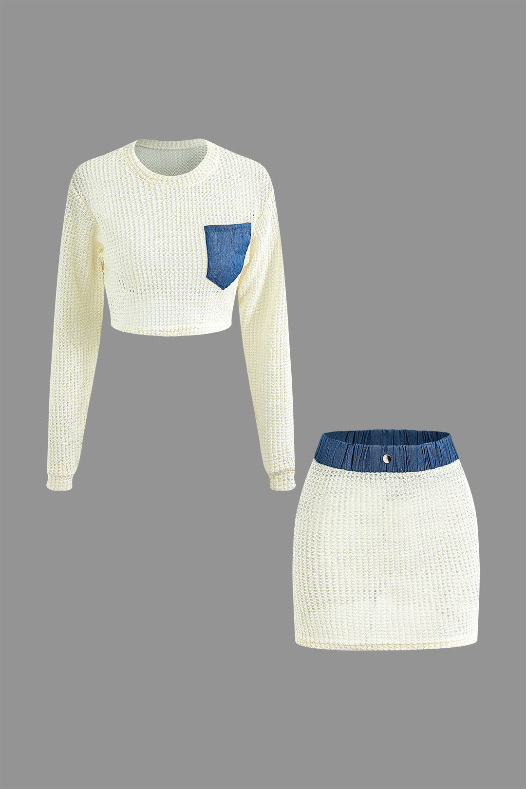 Patchwork Open Knit Round Neck Top with Chest Pocket & Matching Mini Skirt Set