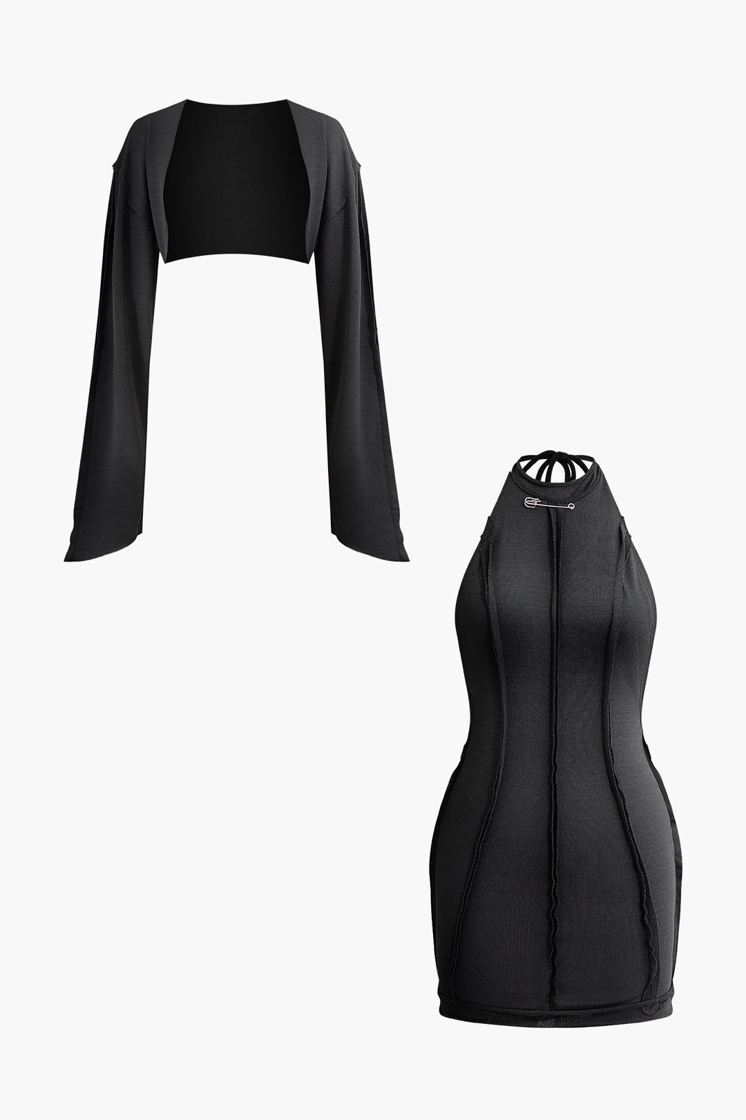 Pin Detail Tie Backless Mini Dress with Long Sleeve Crop Cardigan - Y2K Aesthetic Set