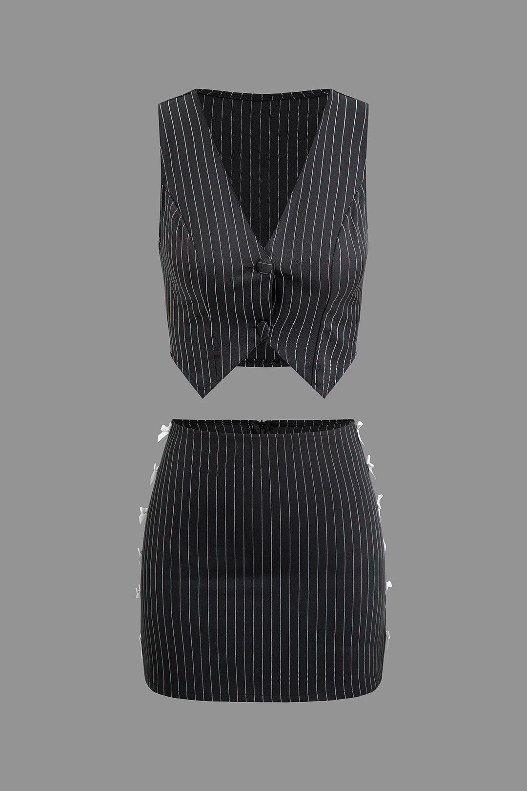 Pinstripe V-Neck Vest and Bow Tie Mini Skirt Set for Y2K Coquette Aesthetic Outfits