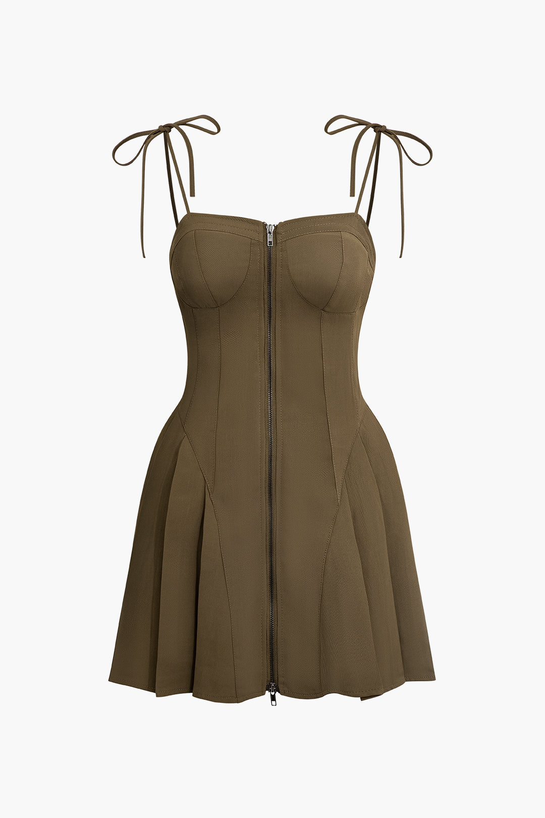 Pleated Bustier Mini Dress with Tie Straps - Y2K Aesthetic Zip-Up Style