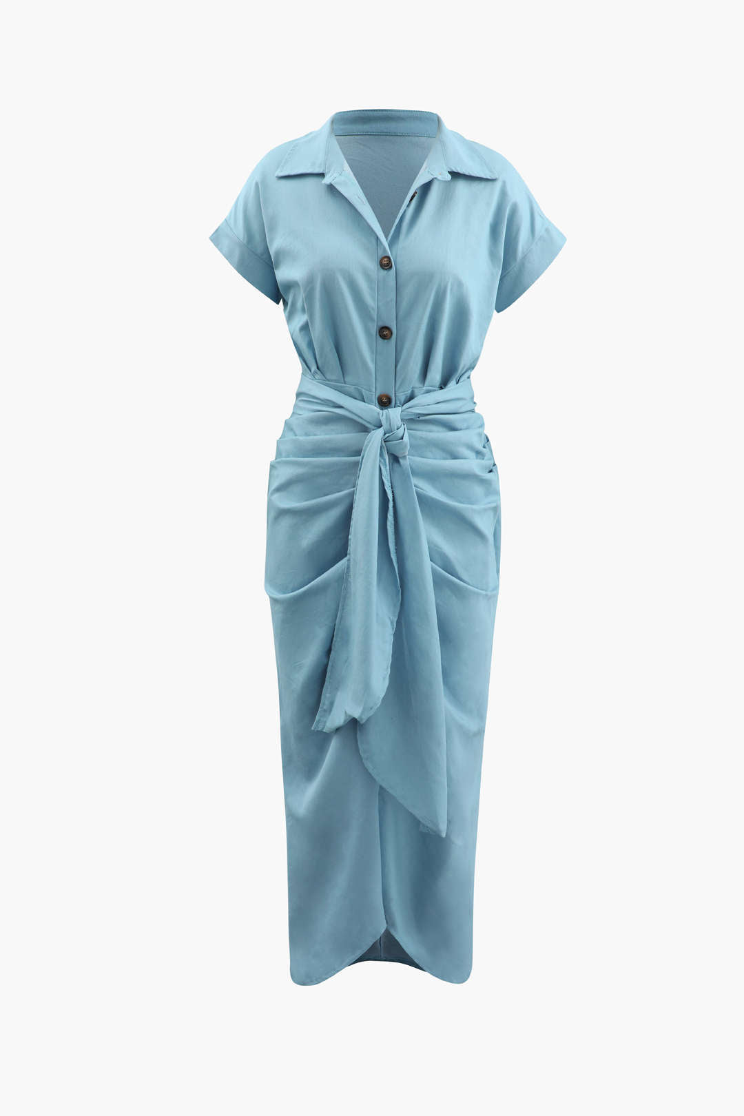 Pleated Waist Tie Midi Dress - Y2K Aesthetic Shirt Dress for Effortless Style