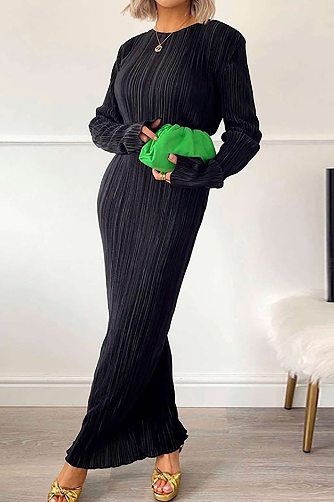 Plisse Round Neck Long Sleeve Maxi Dress - Y2K Aesthetic Flowing Style for Effortless Elegance