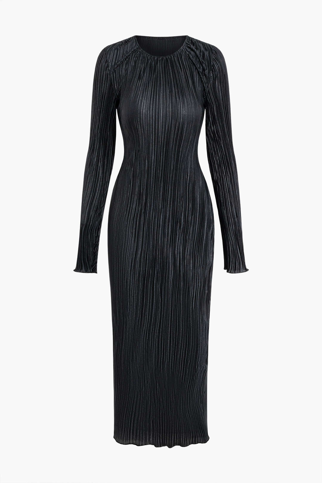 Plisse Round Neck Long Sleeve Maxi Dress - Y2K Aesthetic Flowing Style for Effortless Elegance