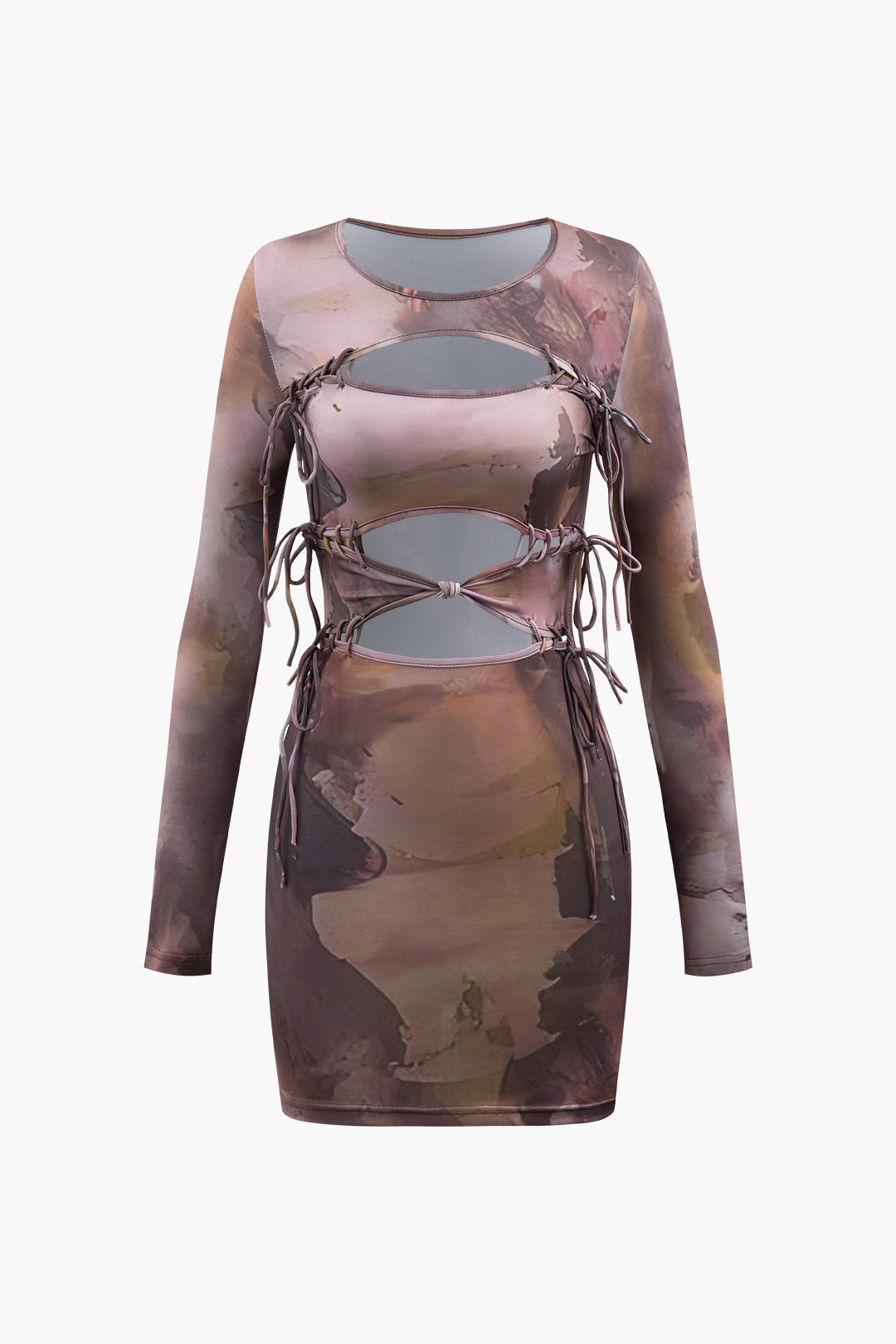 Printed Cut-Out Tie Twist Long Sleeve Mini Dress - Y2K Aesthetic Fashion Statement