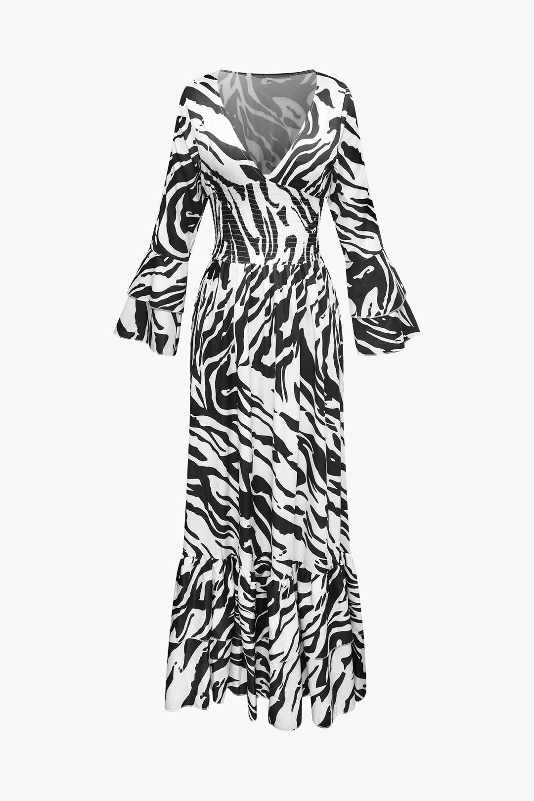 Printed V-Neck Smocked Tiered Maxi Dress in Y2K Aesthetic for Effortless Style