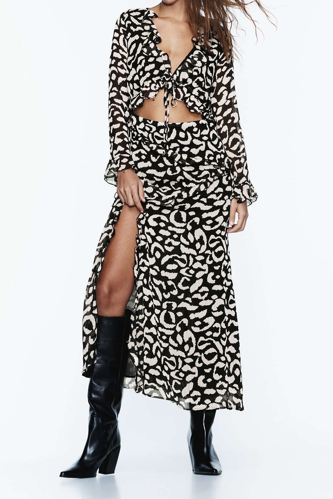 Printed V-Neck Tie Front Cut-Out Slit Midi Dress for Y2K Aesthetic Fashion Lovers