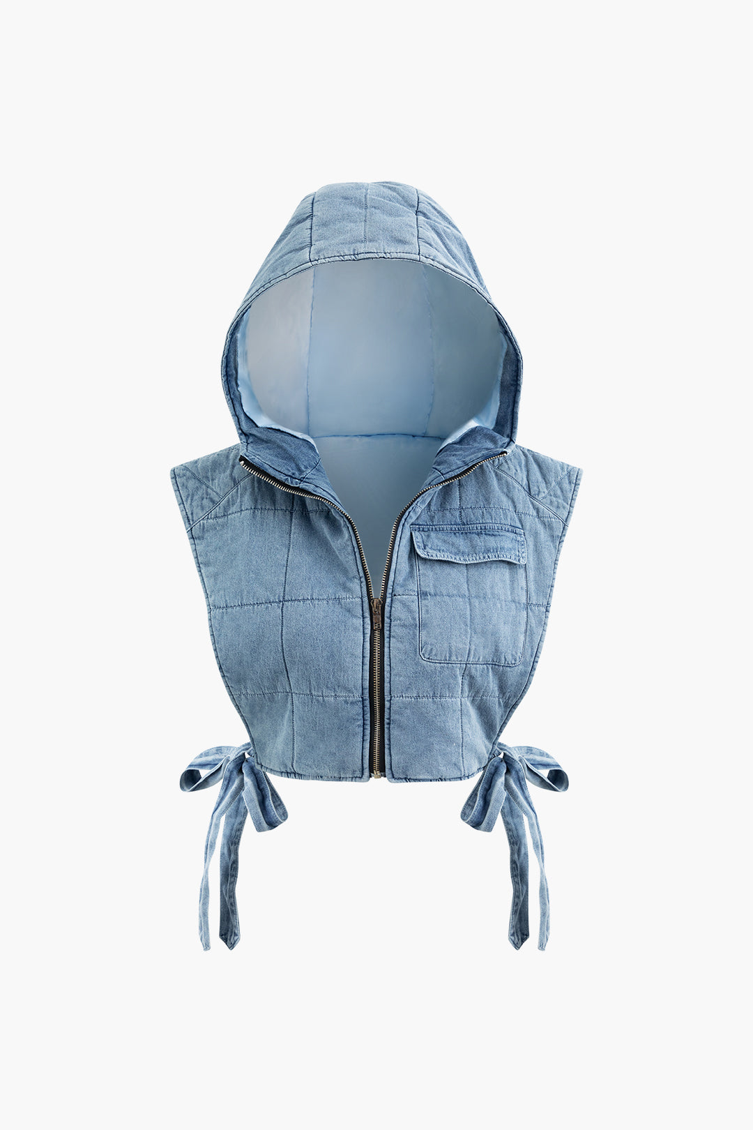 Quilted Hooded Denim Vest with Knot Side Zipper for Y2K and Grunge Aesthetic Outfits