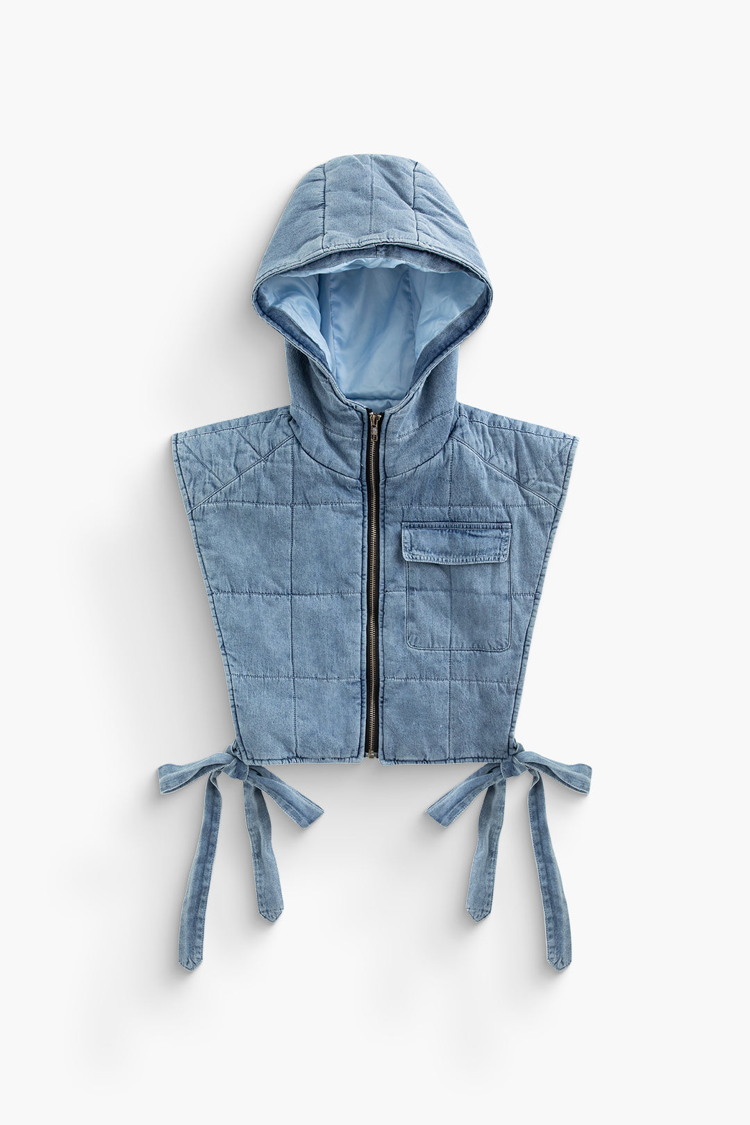 Quilted Hooded Denim Vest with Knot Side Zipper for Y2K and Grunge Aesthetic Outfits