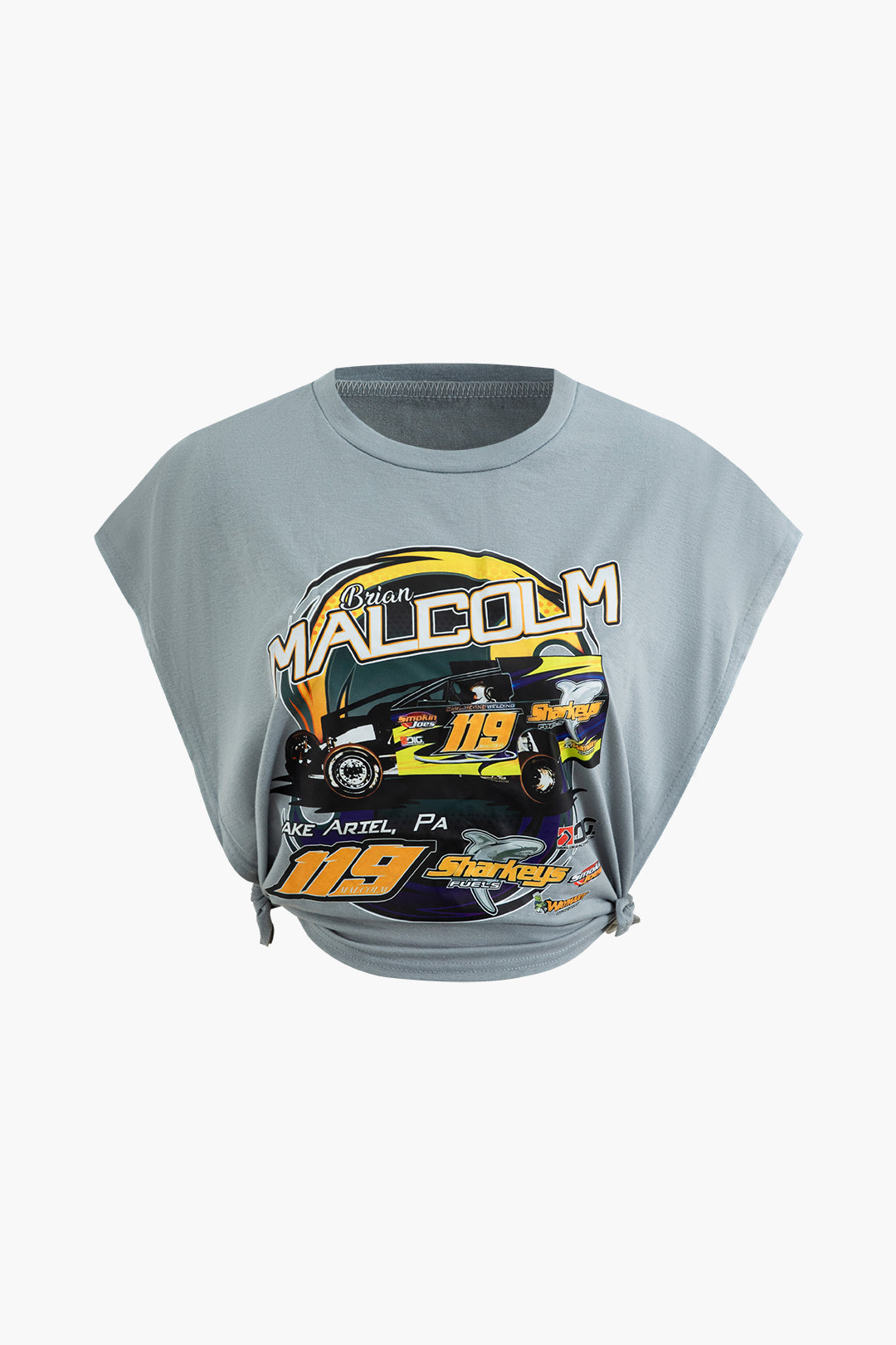 Race Car Print Cut-Out T-Shirt with Knot Detail and Side-Slit - Y2K Aesthetic Top