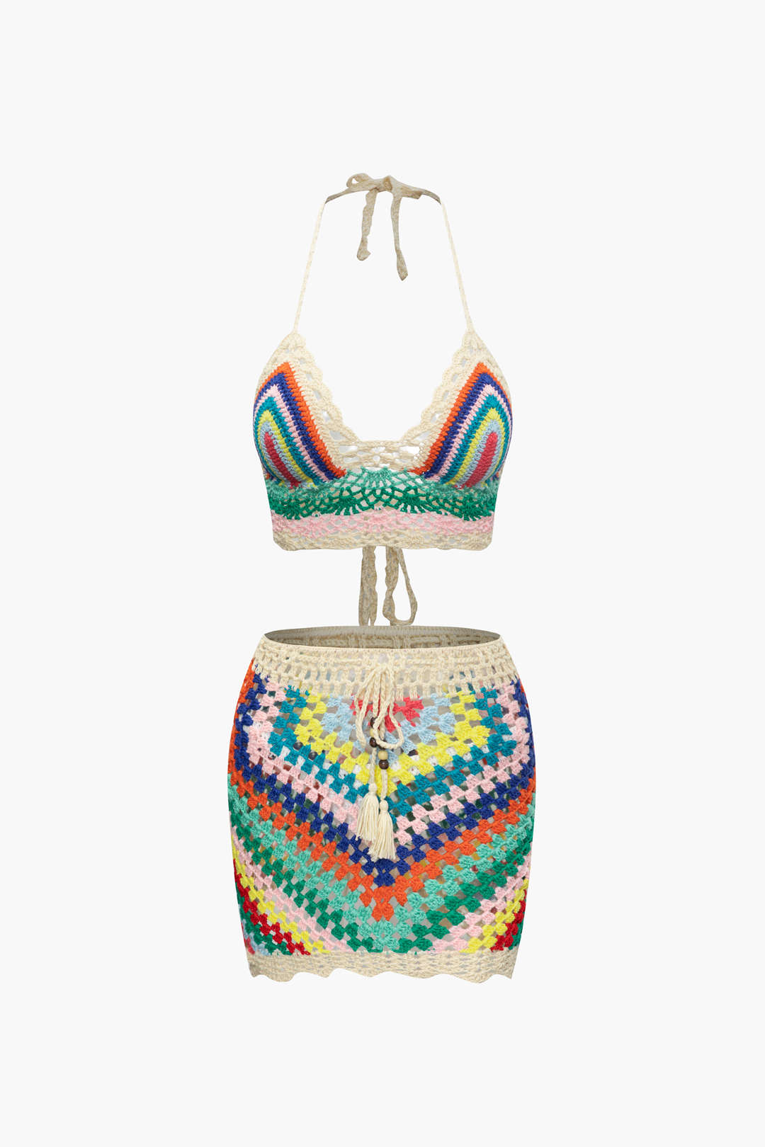 Rainbow Crochet Halter Bikini and Skirt 3-Piece Set for Y2K Aesthetic Summer Vibes