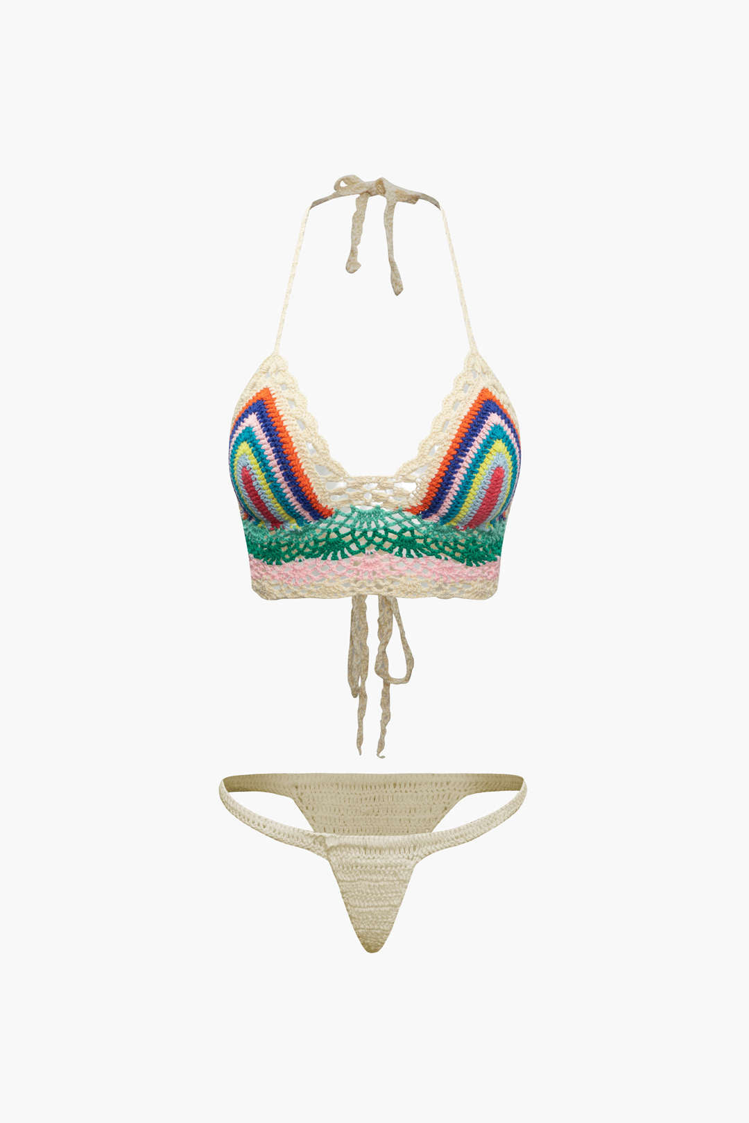 Rainbow Crochet Halter Bikini and Skirt 3-Piece Set for Y2K Aesthetic Summer Vibes