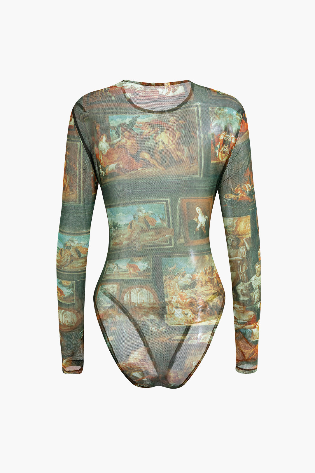 Renaissance Print Mesh Bodysuit - Y2K Aesthetic Top for Coquette and Grunge Styles