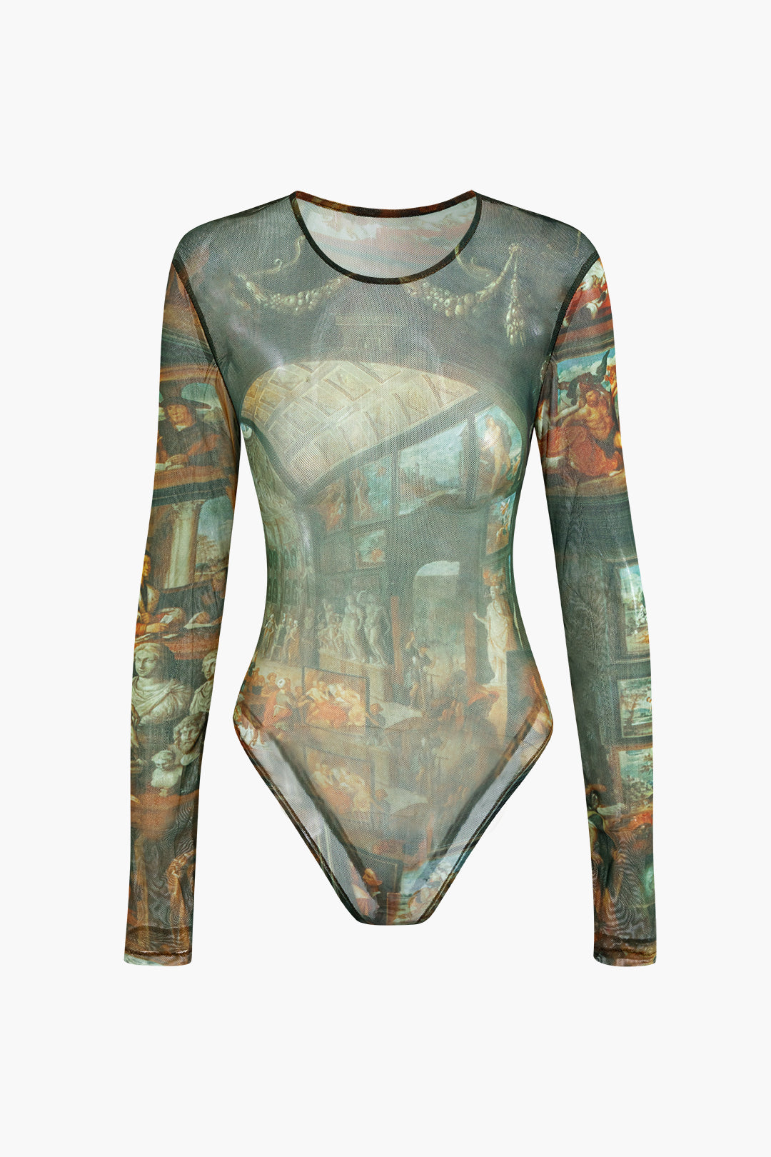 Renaissance Print Mesh Bodysuit - Y2K Aesthetic Top for Coquette and Grunge Styles