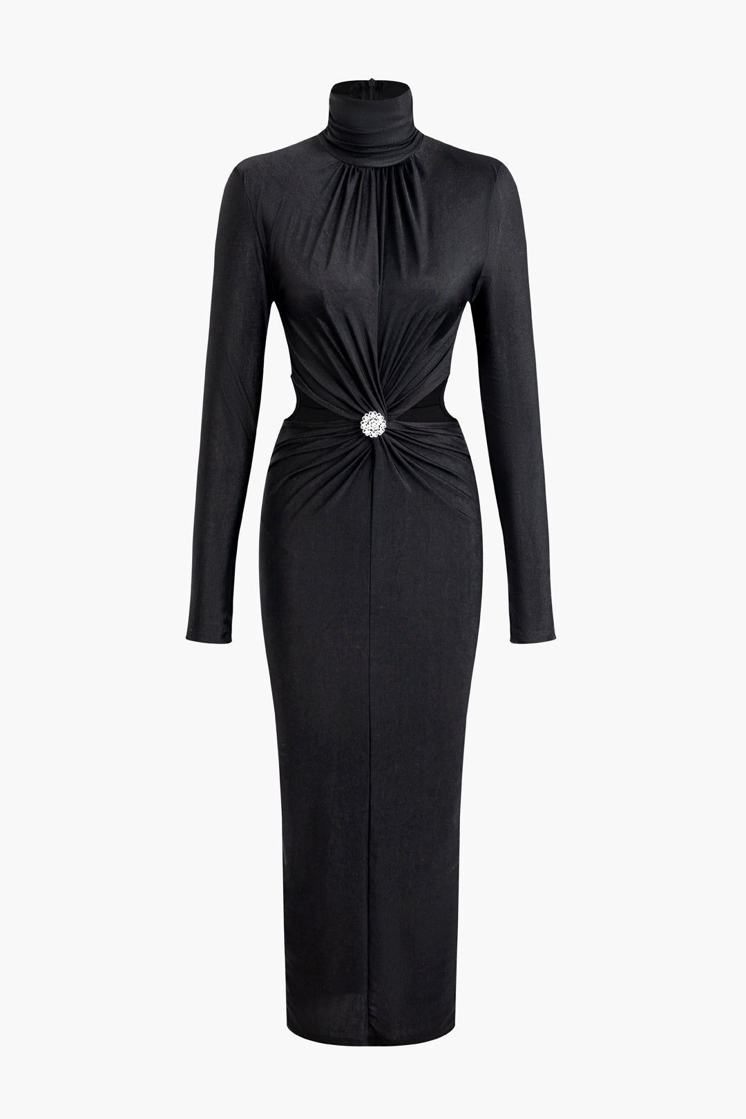 Rhinestone Cut Out Turtleneck Midi Dress - Y2K Fashion with Ruched Detailing