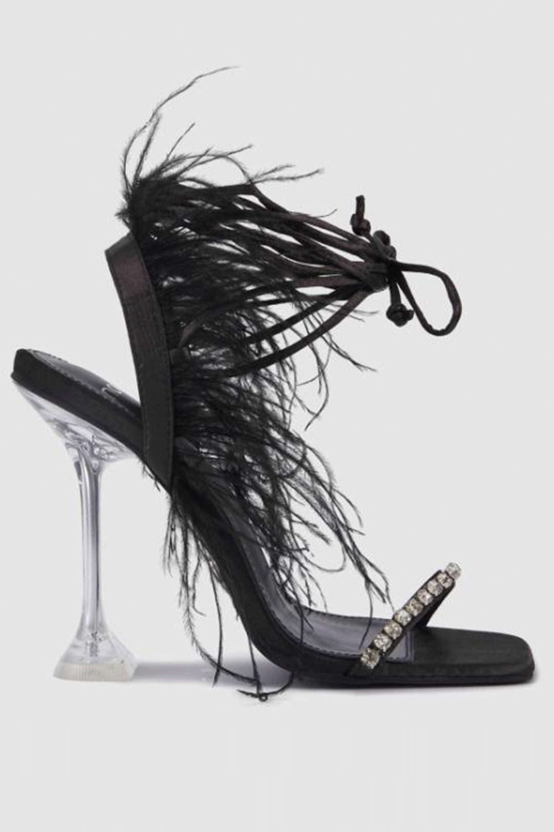Rhinestone Embellished Feather Lace-Up High Heel Sandals for Y2K and Coquette Aesthetic