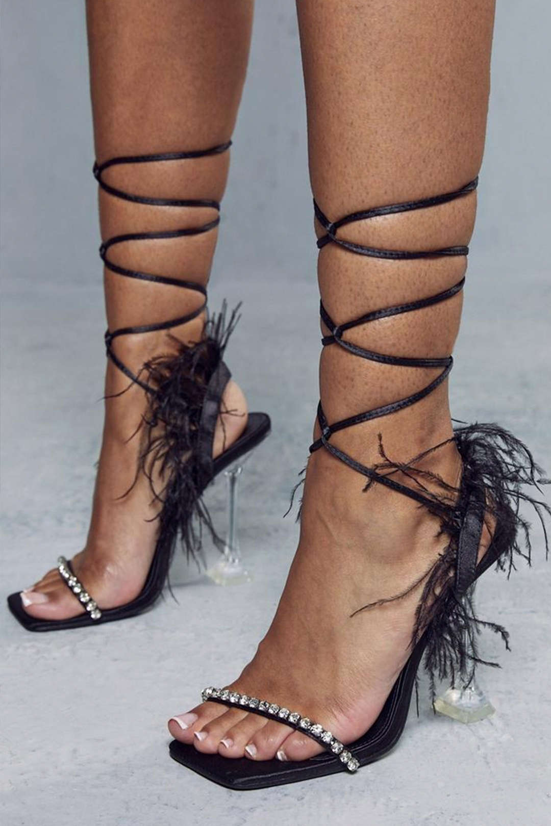 Rhinestone Embellished Feather Lace-Up High Heel Sandals for Y2K and Coquette Aesthetic