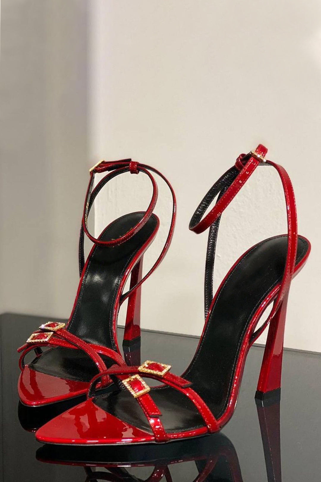 Rhinestone-Embellished Patent Leather Cross Strap Open Toe High Heels for Y2K Fashion