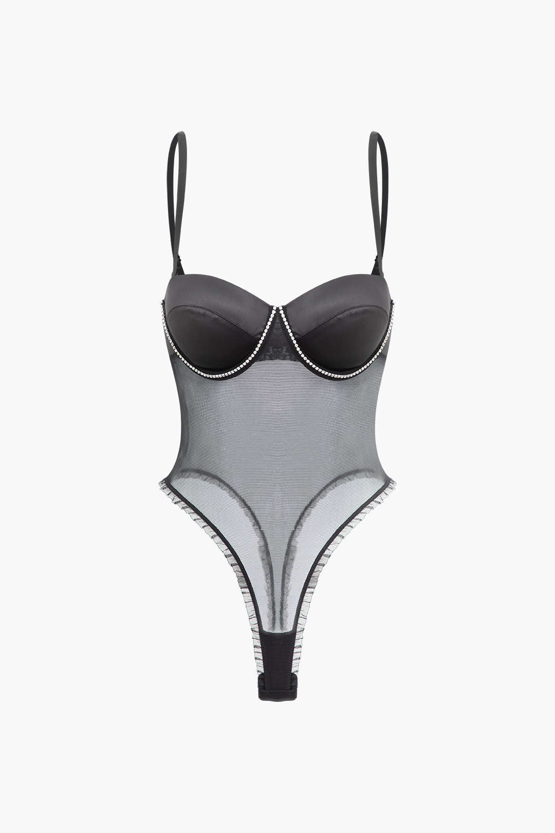Rhinestone-Embellished Sheer Mesh Frill Trim Bodysuit for Y2K Fashion & Coquette Aesthetic