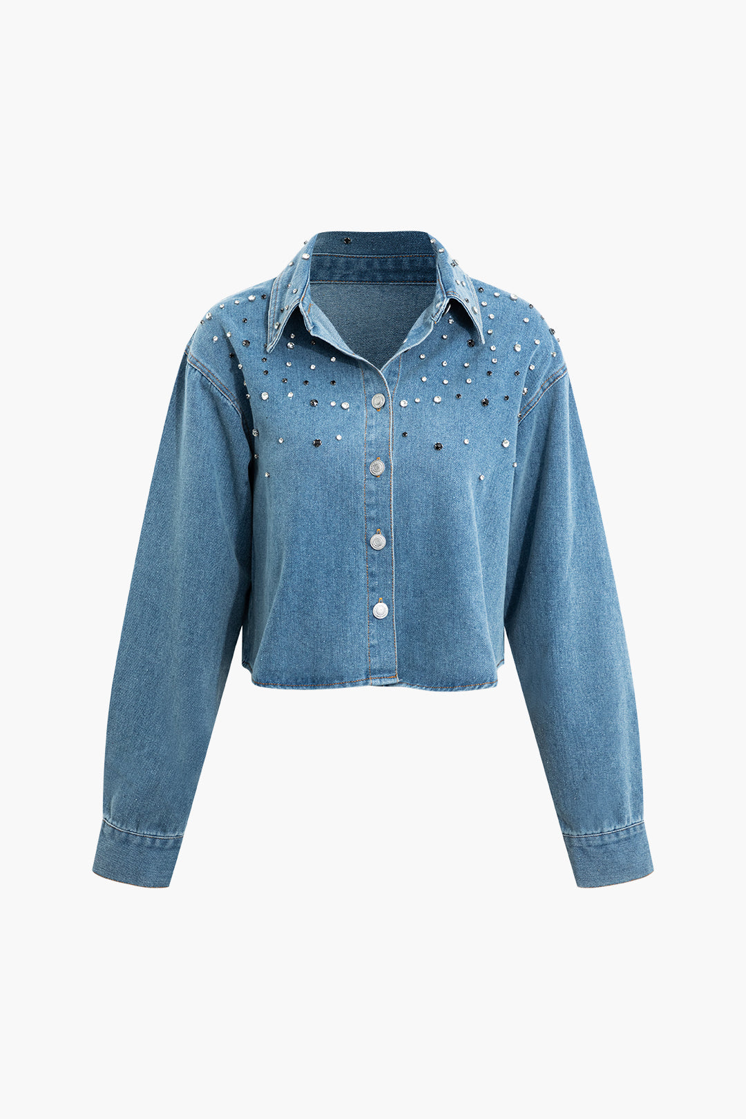 Rhinestone Embellished Y2K Denim Button-Up Shirt for Coquette and Grunge Aesthetic Styles