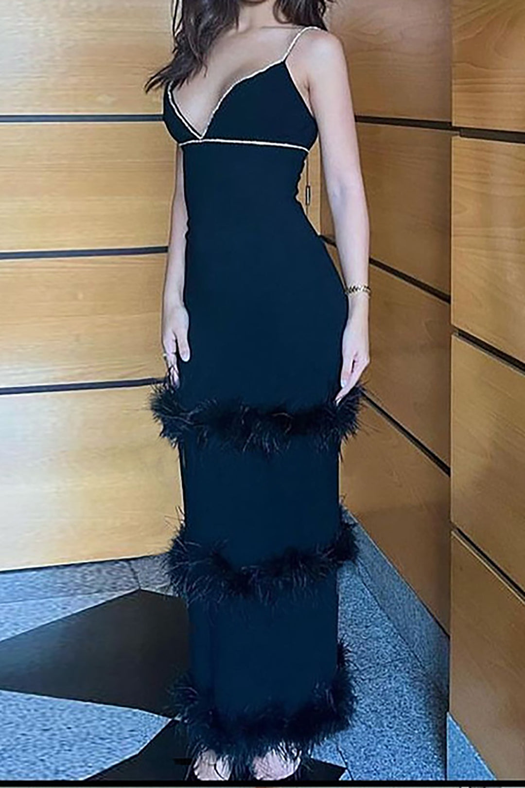 Rhinestone Feather Detail Backless V-neck Maxi Dress for Y2K Fashion Lovers