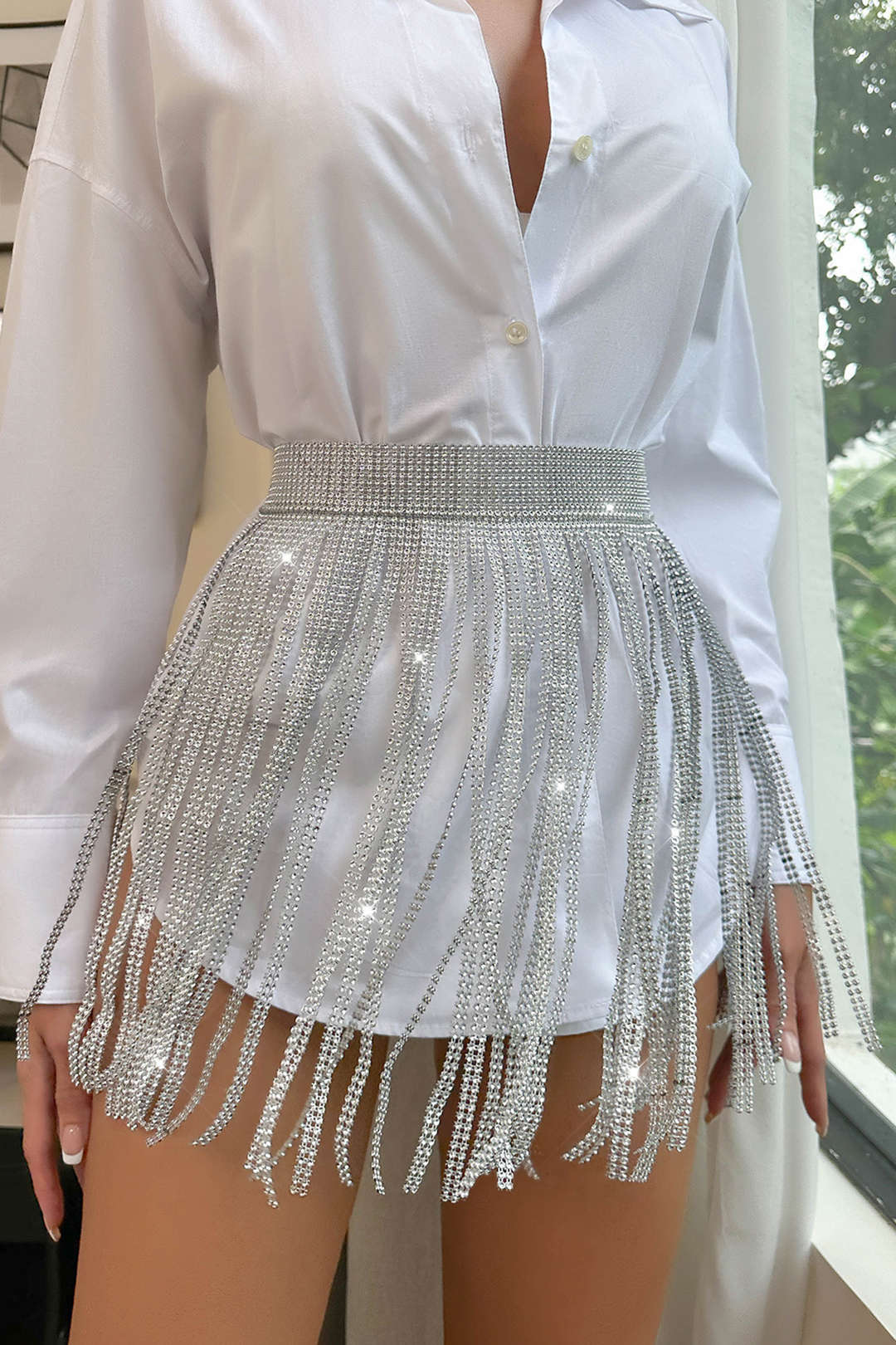 Rhinestone Fringe Skirt: Y2K Aesthetic Glam with Grunge Style for Trendy Outfits