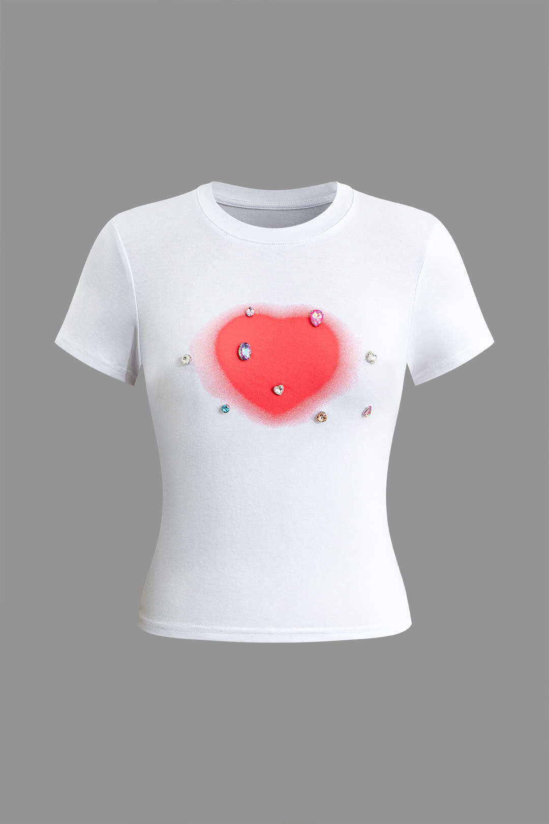 Rhinestone Heart Pattern Tee - Y2K Aesthetic Cute Top for Coquette and Grunge Styles