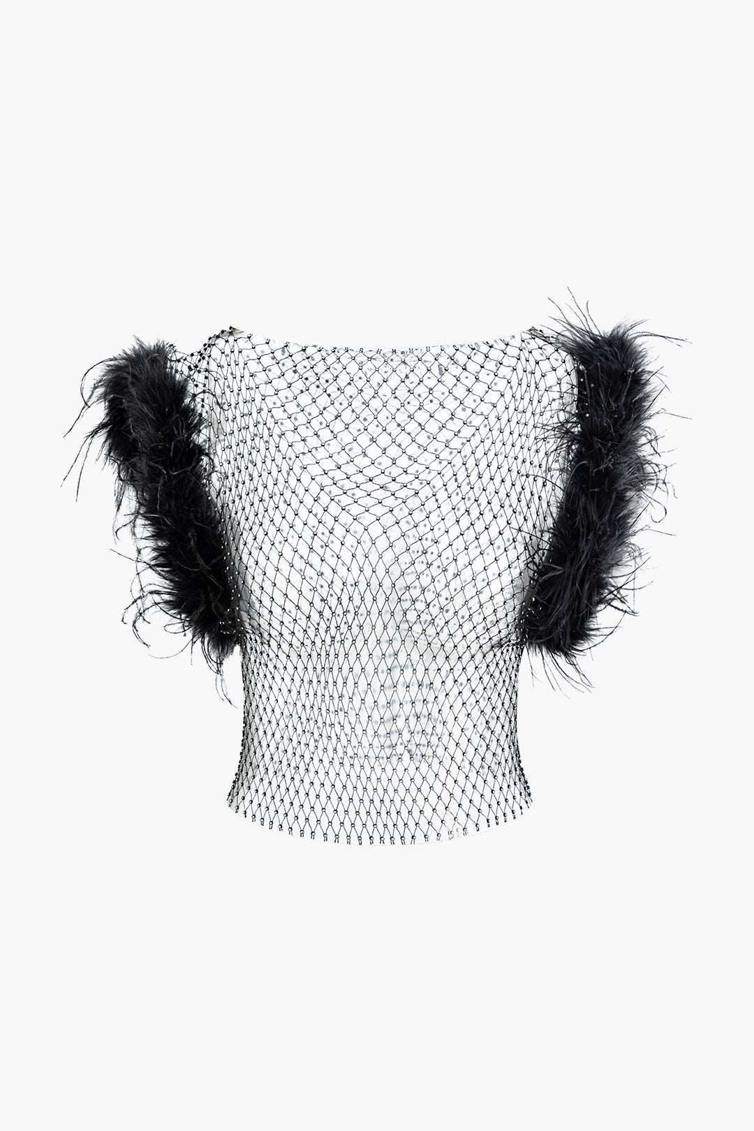 Rhinestone Mesh Fluffy Trim T-Shirt - Y2K Aesthetic Cute Top for Coquette Style Outfits