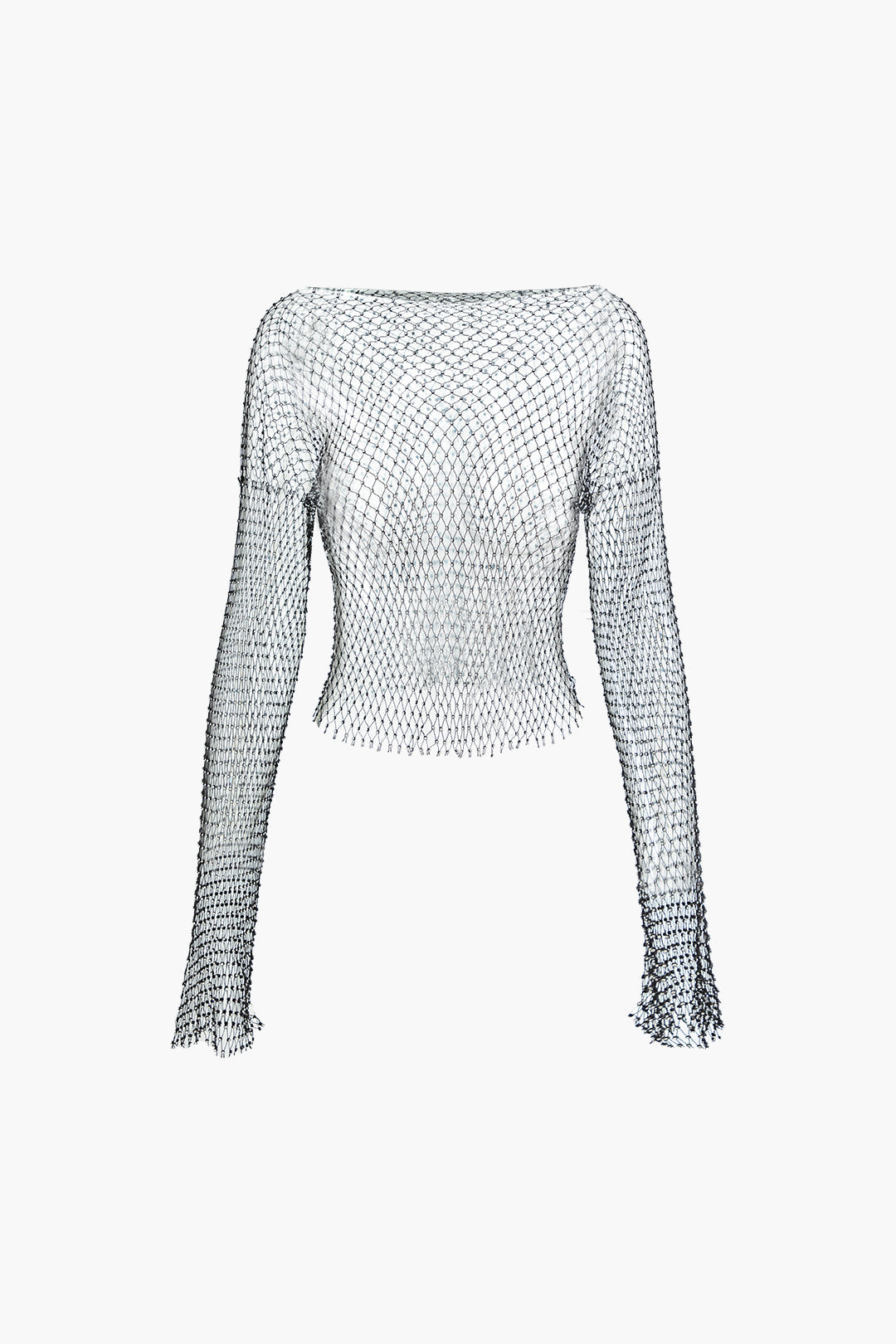 Rhinestone Sheer Net Long Sleeve Top - Y2K Aesthetic Cute Top for Grunge and Coquette Styles