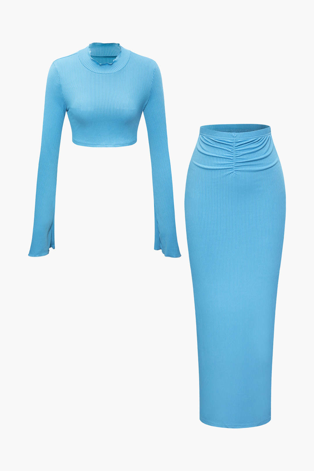 Rib Knit Mock Neck Long Sleeve Crop Top & Maxi Skirt Set for Y2K Aesthetic Outfits