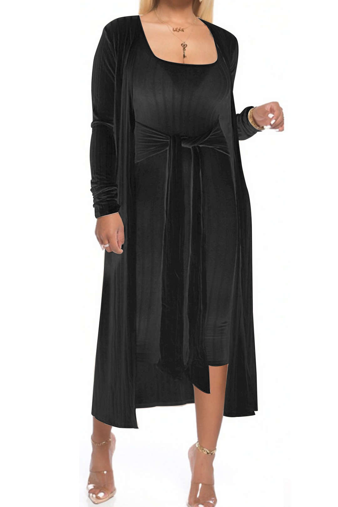 Ribbed Wrap Tie Sleeveless Midi Dress with Cozy Long Cardigan Set for Y2K Aesthetic