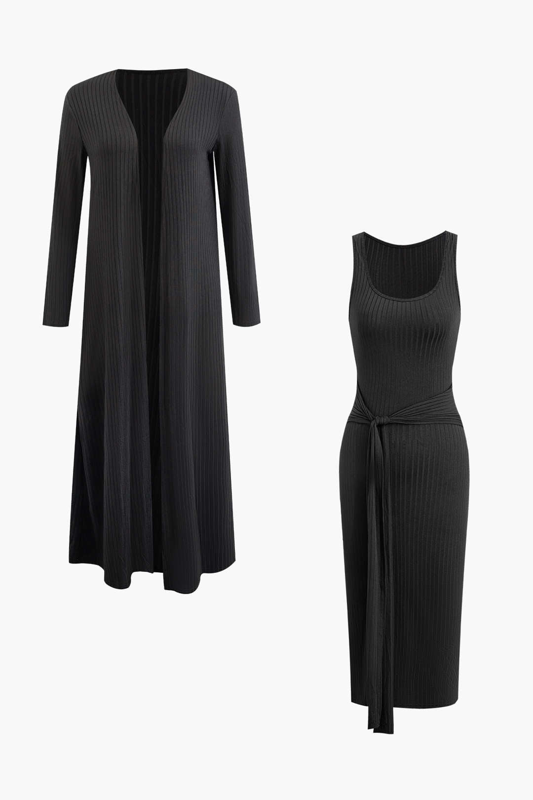 Ribbed Wrap Tie Sleeveless Midi Dress with Cozy Long Cardigan Set for Y2K Aesthetic