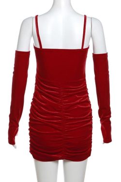 Ruched Backless Cami Mini Dress with Velvet Gloves - Y2K Fashion Statement Piece