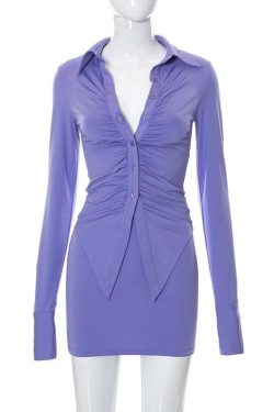 Ruched Button-Up Long Sleeve Mini Skirt Set in Solid Color - Y2K Fashion Essential