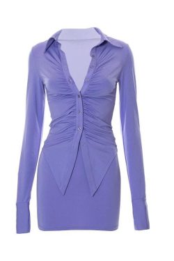 Ruched Button-Up Long Sleeve Mini Skirt Set in Solid Color - Y2K Fashion Essential