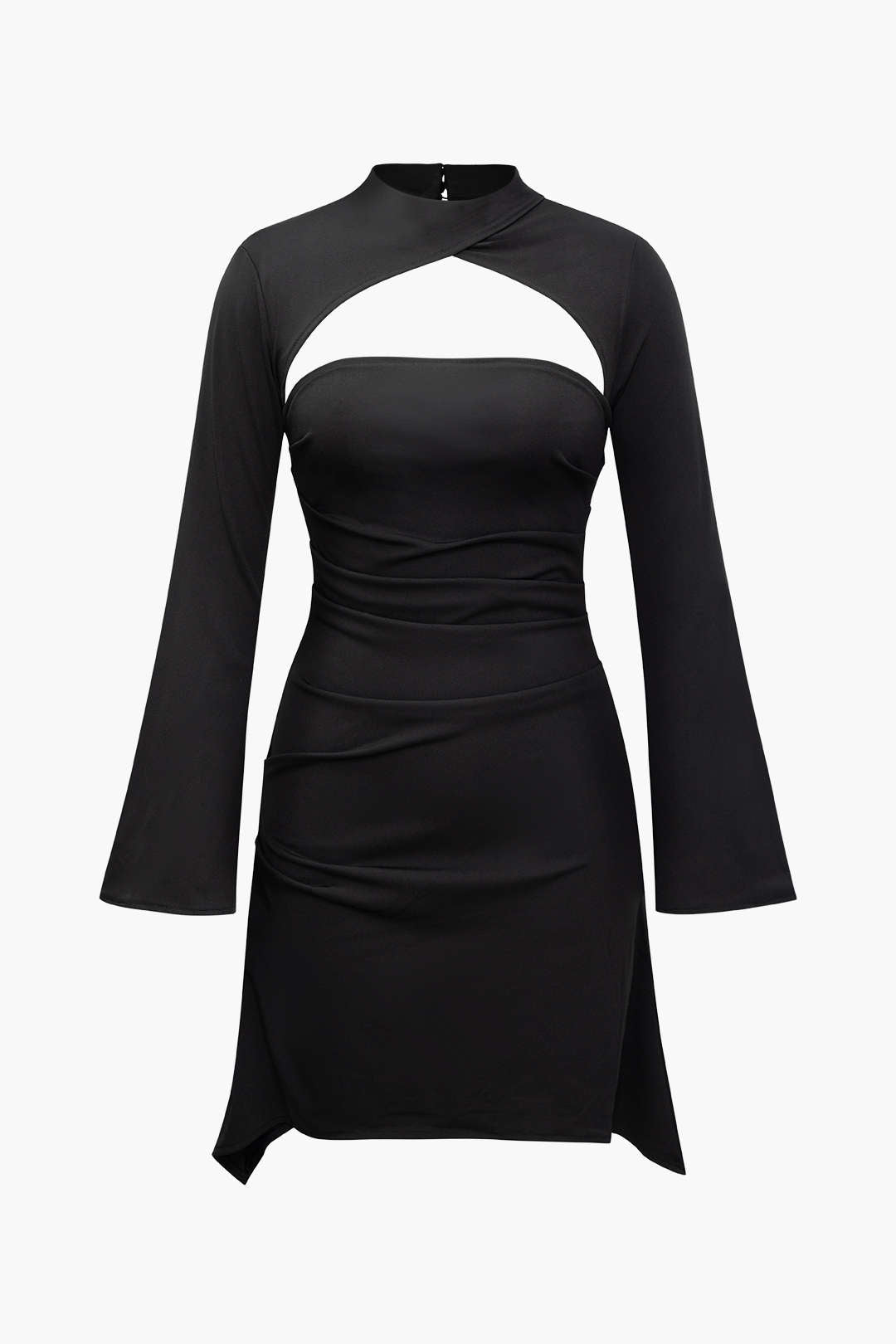 Ruched Cut Out Bell Sleeve Mini Dress in Y2K Style for Trendy Aesthetic Outfits