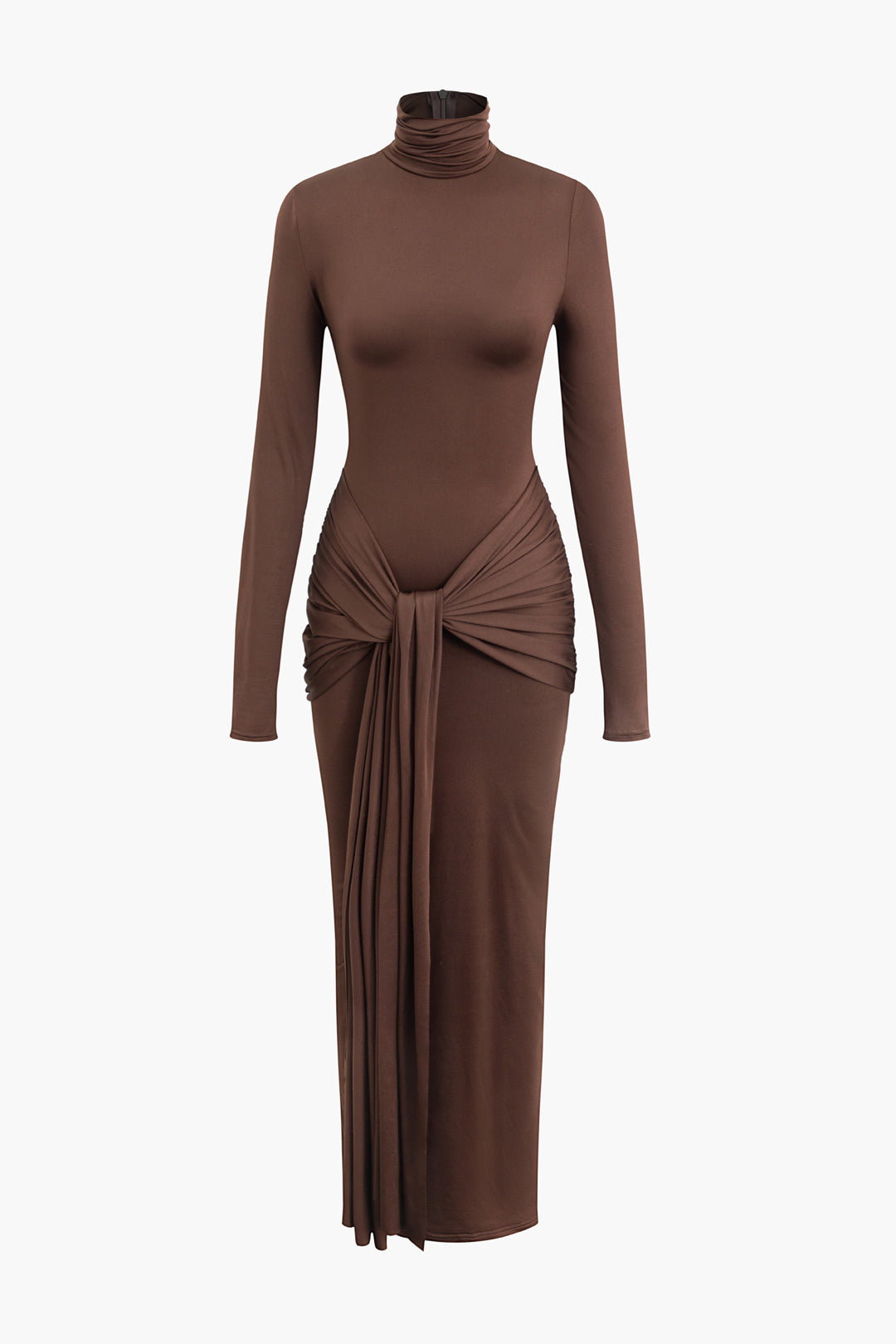 Ruched High Neck Long Sleeve Maxi Dress - Y2K Aesthetic Fashion for Effortless Elegance