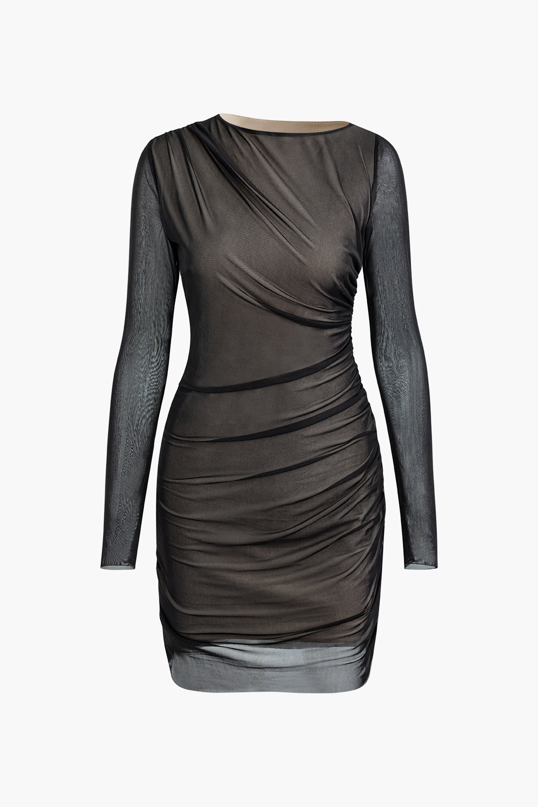 Ruched Mesh Long Sleeve Mini Dress - Y2K Aesthetic Party Dress for Trendy Outfits