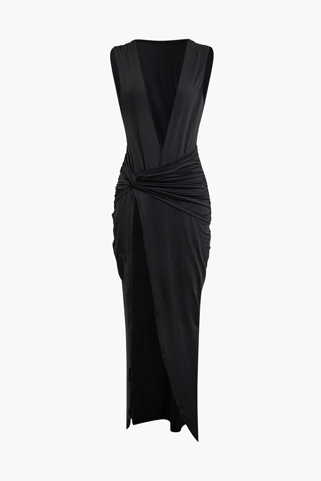 Ruched Slit Deep V-Neck Sleeveless Maxi Dress - Y2K Aesthetic Fashion Statement Piece