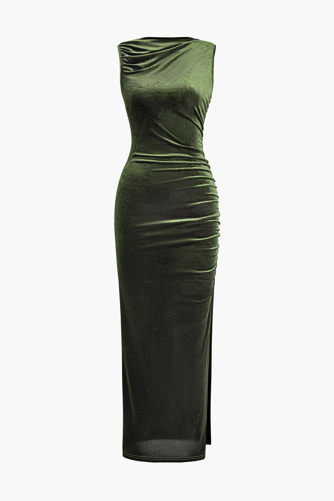 Ruched Slit Velvet Maxi Dress - Y2K Aesthetic Sleeveless Evening Gown for Chic Style