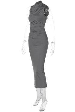 Ruched Solid Sleeveless Slit Midi Dress - Y2K Fashion Essential for Chic Aesthetic Outfits