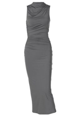 Ruched Solid Sleeveless Slit Midi Dress - Y2K Fashion Essential for Chic Aesthetic Outfits