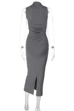 Ruched Solid Sleeveless Slit Midi Dress - Y2K Fashion Essential for Chic Aesthetic Outfits